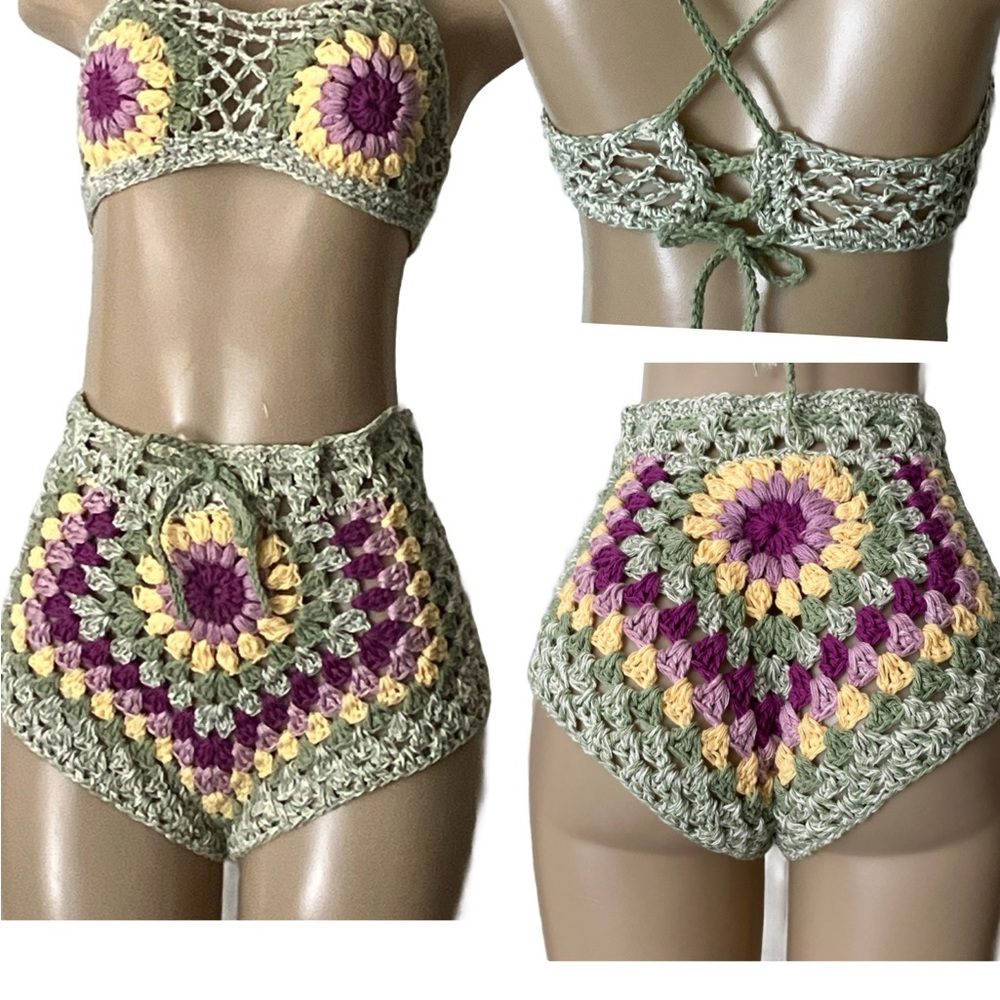 Summer Crochet Crop Tank Cheeky Shorts Set Granny Squares Sexy M High Waist